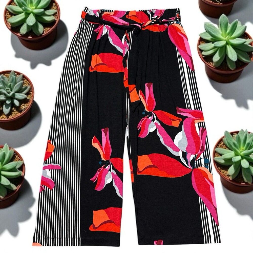 Lascana Wide Leg Crop Pants Womens 8 Black Floral Striped Boho Resort NWT